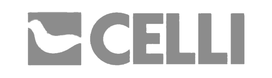 Celli Logo: Gray Square with a White Curved Shape and the Gray Wordmark Celli Adjacent
