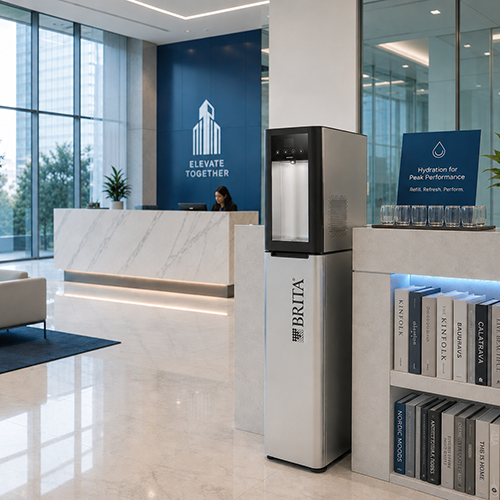 Modern Lobby with a Brita Water Dispenser Beside a Marble Reception Desk and a Blue 'elevate Together' Logo on the Wall.