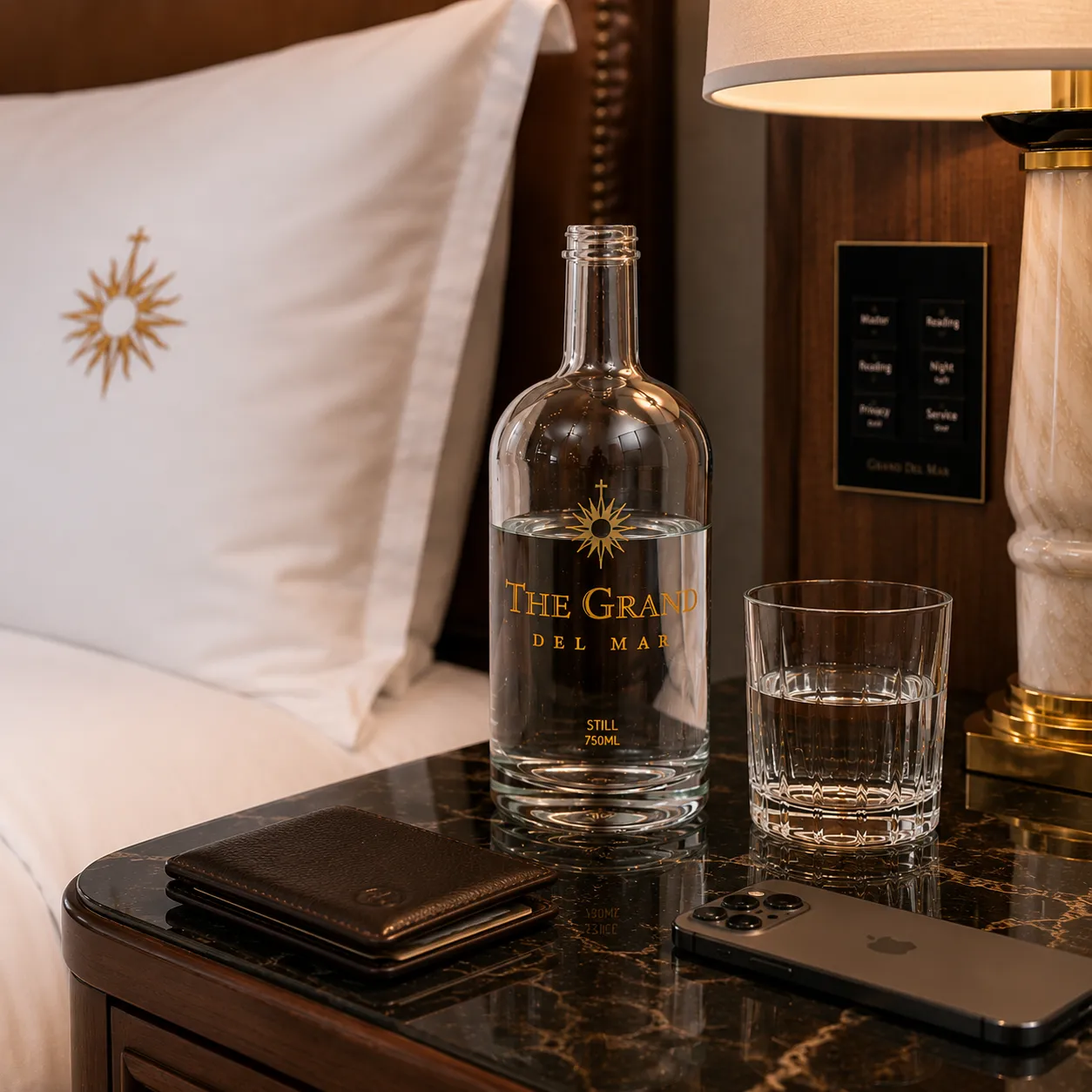 a Glass Bottle Labeled 'the Grand Del Mar' on a Hotel Bedside Table with a Glass of Water Beside It and a Wallet and Phone Nearby.