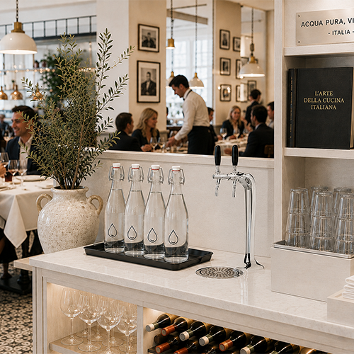 Bar Area of a Busy Italian Restaurant with Five Glass Water Bottles on a Tray and a Potted Plant in the Foreground.