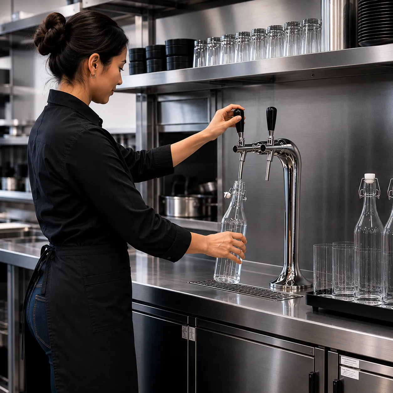 Bartender in a Black Uniform Fills a Glass Bottle from a Beer Tap in a Stainless Steel Bar Backdrop.