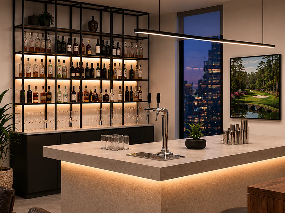 Modern Bar Interior with a Backlit Grid of Liquor Bottles, Glassware Underneath, and a Marble Island with Taps.